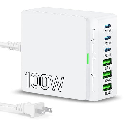 100W 6-Port GaN USB C Charger Hub: Fast PD 3.0 Type C & USB A Charging Station